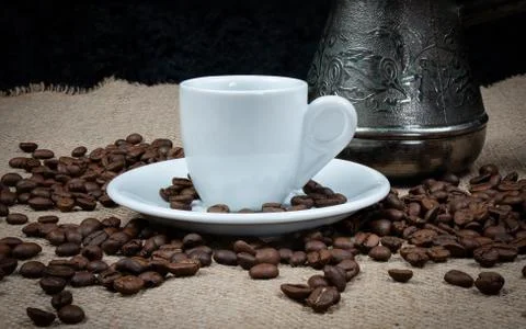 Coffee copper and white cup. Greek coffee with water and coffee pot. Turkish  Stock Photos