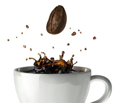 Coffee crown splash in mug. Close up view, with a bean falling down. Stock Illustration