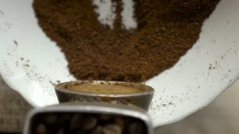 Coffee is crushed in an old coffee grinder Stock Footage 76718003