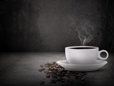 Coffee cup and beans on old Cement floor. copy space for your text Stock Photos