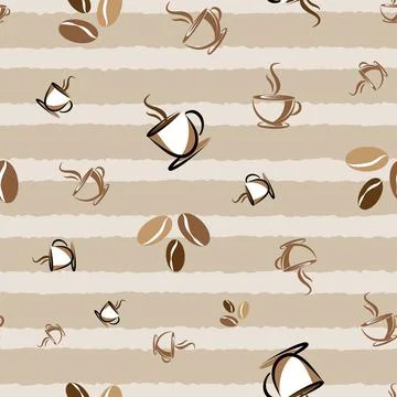 Coffee cup and beans seamless pattern on brown stripes background Stock Illustration