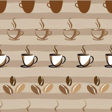 Coffee cup and beans seamless pattern on brown stripes background Stock Illustration