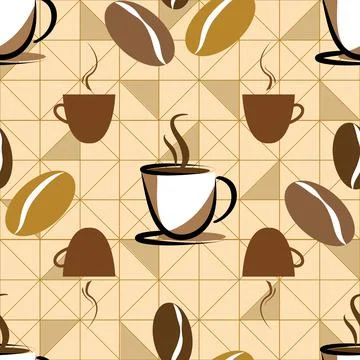 Coffee cup and beans on triangles background seamless pattern Stock Illustration