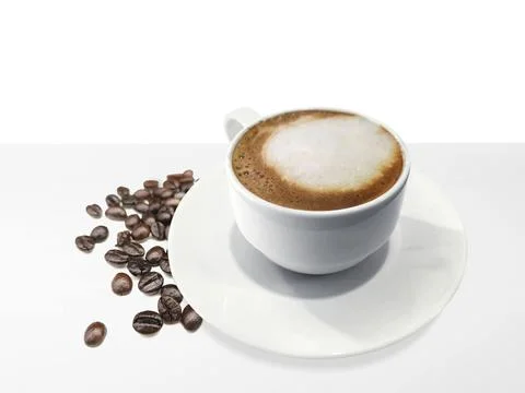 Coffee cup and beans on white table Stock Photos