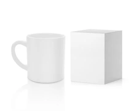 Coffee cup and blank packaging white cardboard box on white background Stock Photos