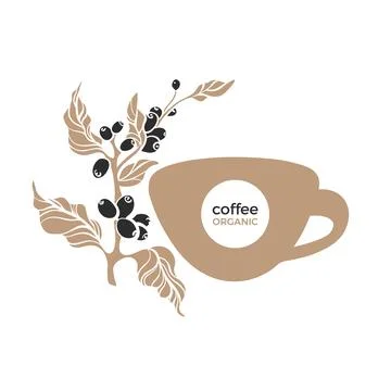 Coffee cup and branch. Vector symbol. Botany shape of tree, black bean. Premi Stock Illustration