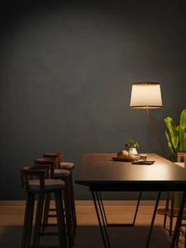 Coffee cup and bread on dining table under lamp light with stool chairs on .. Stock Illustration