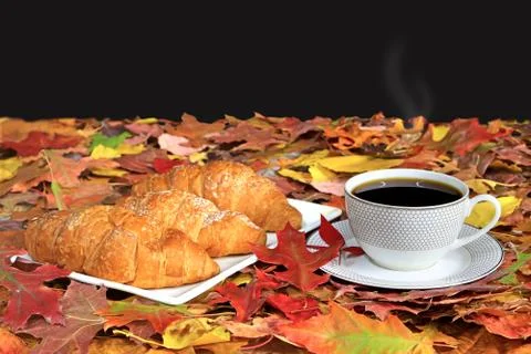 Coffee cup and breakfast  and autumn maple leaves are on a wooden table Stock Photos