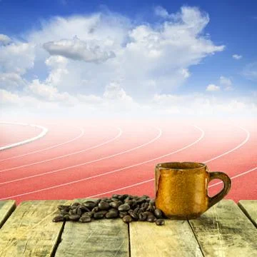 Coffee cup and coffee beans at curve of a running track Stock Illustration