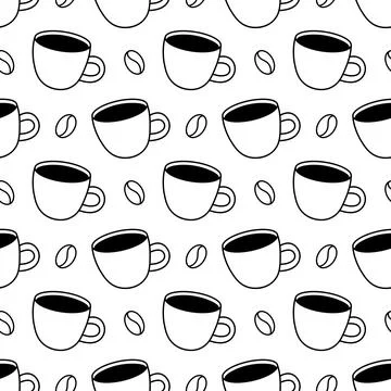 Coffee cup and coffee beans seamless pattern. Black doodle style. Stock Illustration