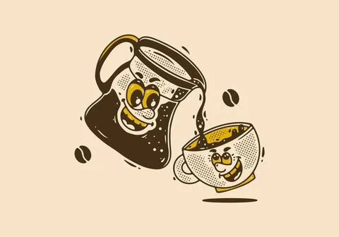 Coffee cup and coffee pot mascot character with happy face Illustration