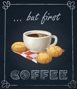 Coffee cup and cookie vector illustration on black chalkboard. Cup of espresso Stock Illustration