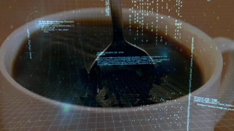 Coffee in a cup and digital codes Stock Footage 107673700