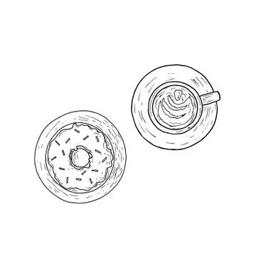 Coffee cup and donut. Top view. Isolated objects on a white background. Vecto Stock Illustration