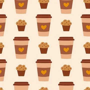 Coffee Cup and Muffin Pattern Seamless Background for Cafes and Bakery Themes Stock Illustration