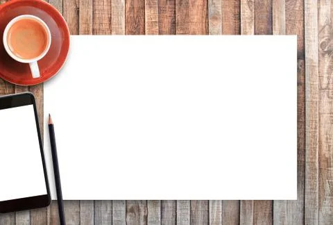 Coffee cup and smartphone on wood table background. Foto stock