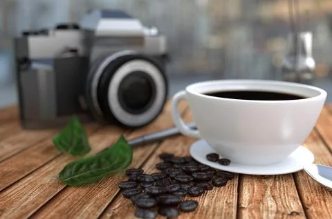 Coffee cup and spoon - Camera and vase on wooden table. 3D rendering Stock Photos