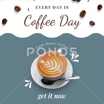 Coffee cup with artistic latte art, roasted beans, cozy graphic. PSD 템플릿