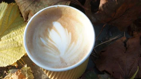 Coffee cup on the autumn fall leaves background Stock Footage 156894959