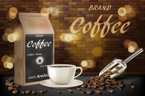 Coffee cup with beans ads. 3d illustration of hot arabica coffee mug. Product Stock Illustration