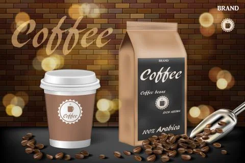 Coffee cup with beans ads. 3d illustration of hot arabica coffee. Product paper Stock Illustration