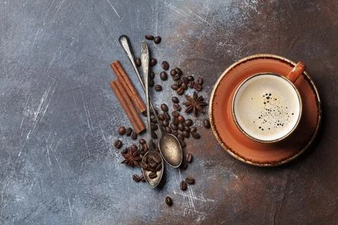 Coffee cup, beans and sugar. Top view with space for your text Stock Photos