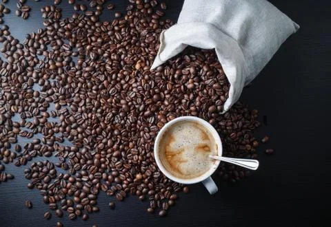 Coffee cup, beans, bag Stock Photos