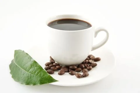 Coffee cup with beans with leaf and saucer on white Stock Photos