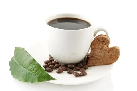 Coffee cup with beans with leaf and saucer on white Stock Photos