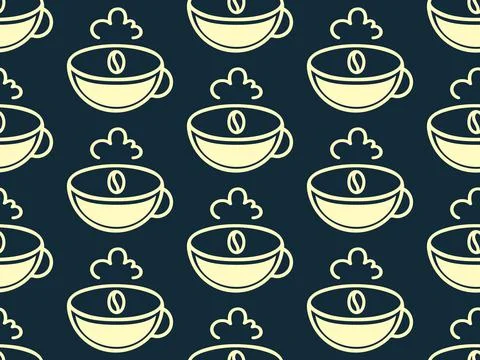 Coffee cup, beans seamless pattern. Outline icons style design, cream color Stock Illustration