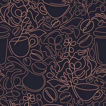 Coffee cup, beans. Vector abstract line background Stock Illustration