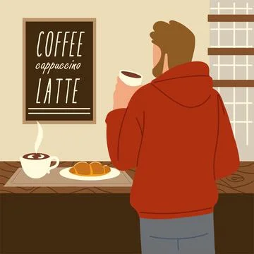Coffee cup beard man holds cup, back view Stock Illustration