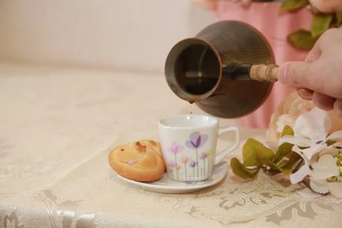 Coffee cup black drink invigorating and food snack sweet cake, confectionery Stock Photos