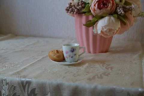 Coffee cup black drink invigorating and food snack sweet cake, confectionery Stock Photos