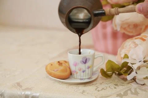 Coffee cup black drink invigorating and food snack sweet cake, confectionery Stock Photos