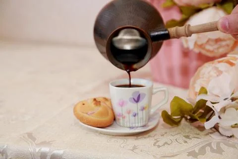 Coffee cup black drink invigorating and food snack sweet cake, confectionery Stock Photos