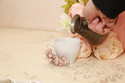 Coffee cup black drink invigorating and food snack sweet cake, confectionery Stock Photos
