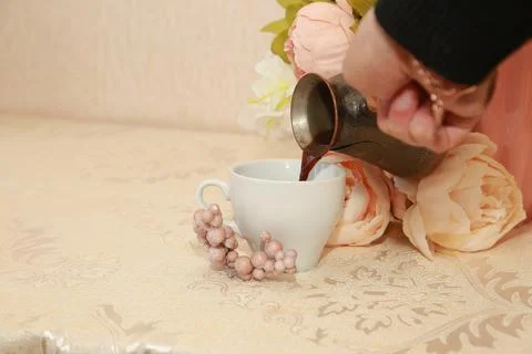Coffee cup black drink invigorating and food snack sweet cake, confectionery Stock Photos