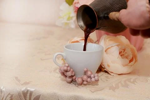 Coffee cup black drink invigorating and food snack sweet cake, confectionery Stock Photos