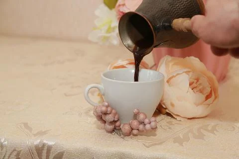 Coffee cup black drink invigorating and food snack sweet cake, confectionery Stock Photos