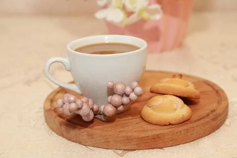 Coffee cup black drink invigorating and food snack sweet cake, confectionery Stock Photos