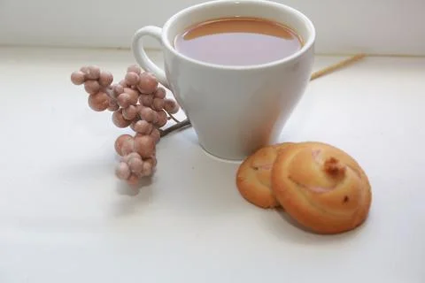 Coffee cup black drink invigorating and food snack sweet cake, confectionery Stock Photos