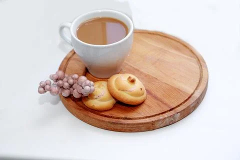 Coffee cup black drink invigorating and food snack sweet cake, confectionery Stock Photos