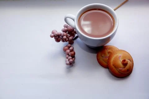 Coffee cup black drink invigorating and food snack sweet cake, confectionery Stock Photos