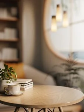 Coffee cup with book and pot plant on round wooden table and bookshelf asid.. Stock Illustration