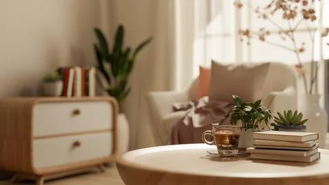 Coffee cup with books and pot plant on round wooden table across sofa and c.. Stock Illustration