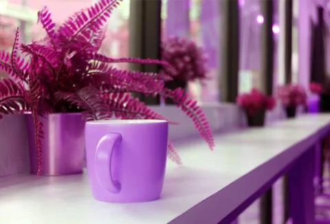 Coffee cup on cafe's long table with potted ferns in purple and magenta color Photos