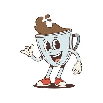 Coffee Cup Call Me Gesture Retro Cartoon Character Vector Illustration Illustration