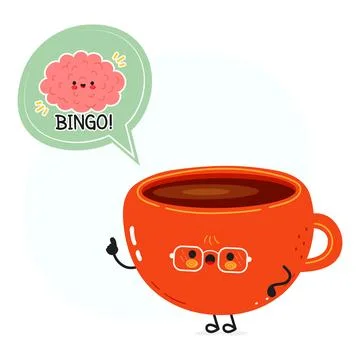 Coffee cup character having a good idea, brain saying bingo, funny illustra.. Stock Illustration