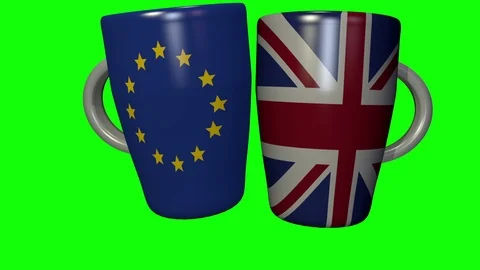 Coffee cup clink between EU and UK - 3d looping animation on green Stock Footage 104428051